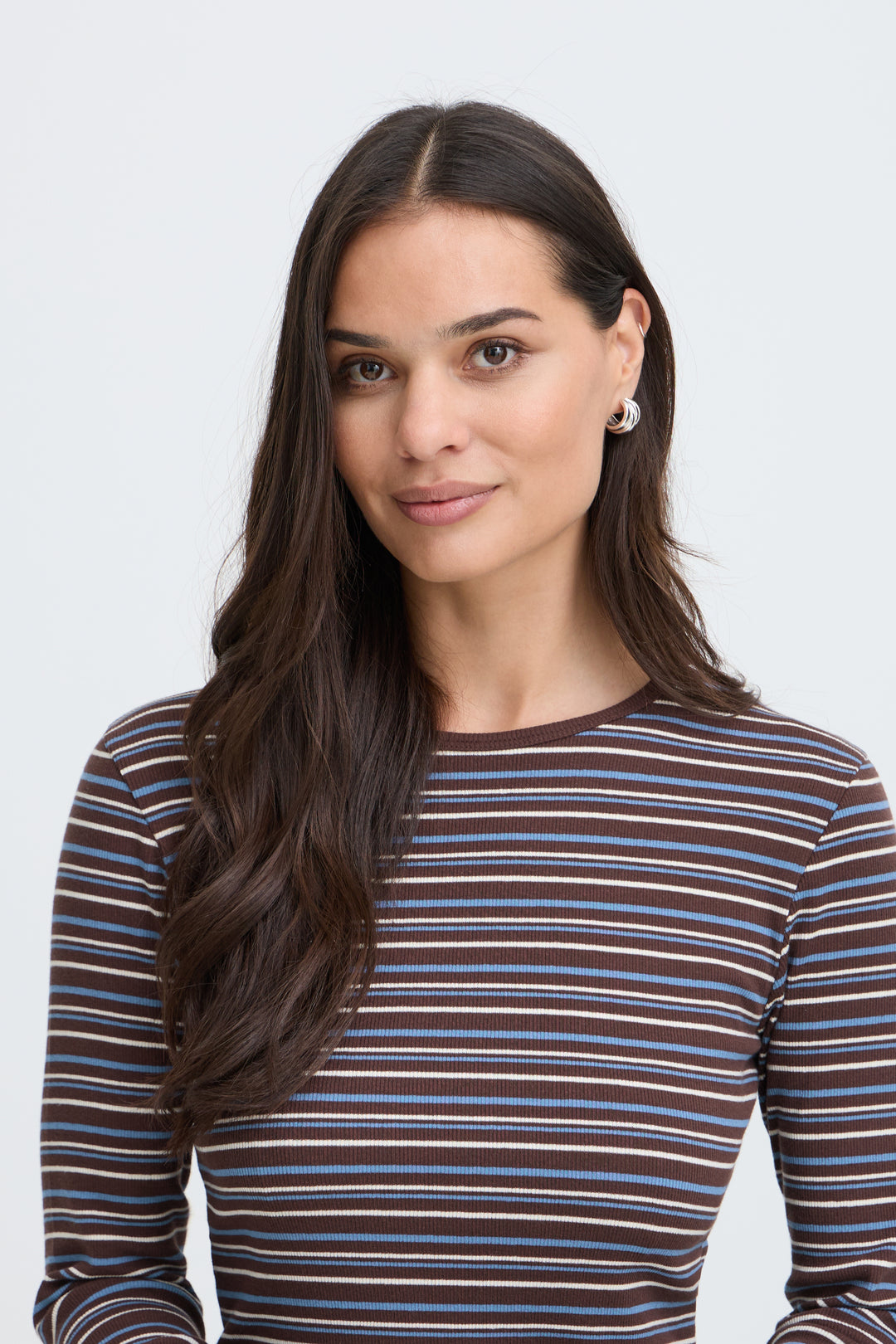 Tone Long Sleeved Top Brown and Blue Stripe