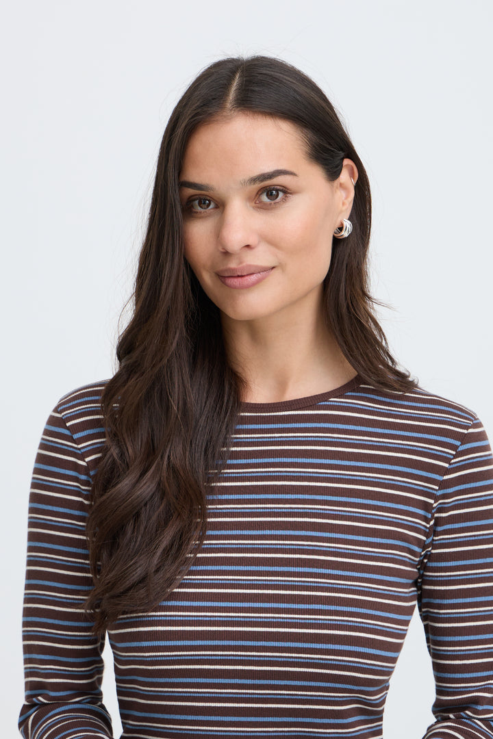 Tone Long Sleeved Top Brown and Blue Stripe