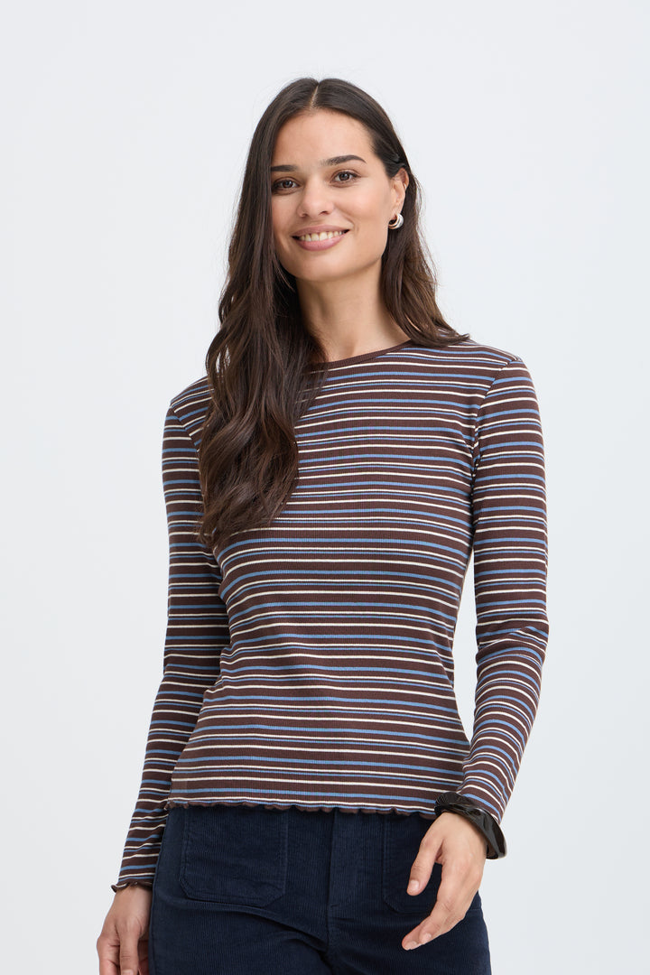 Tone Long Sleeved Top Brown and Blue Stripe