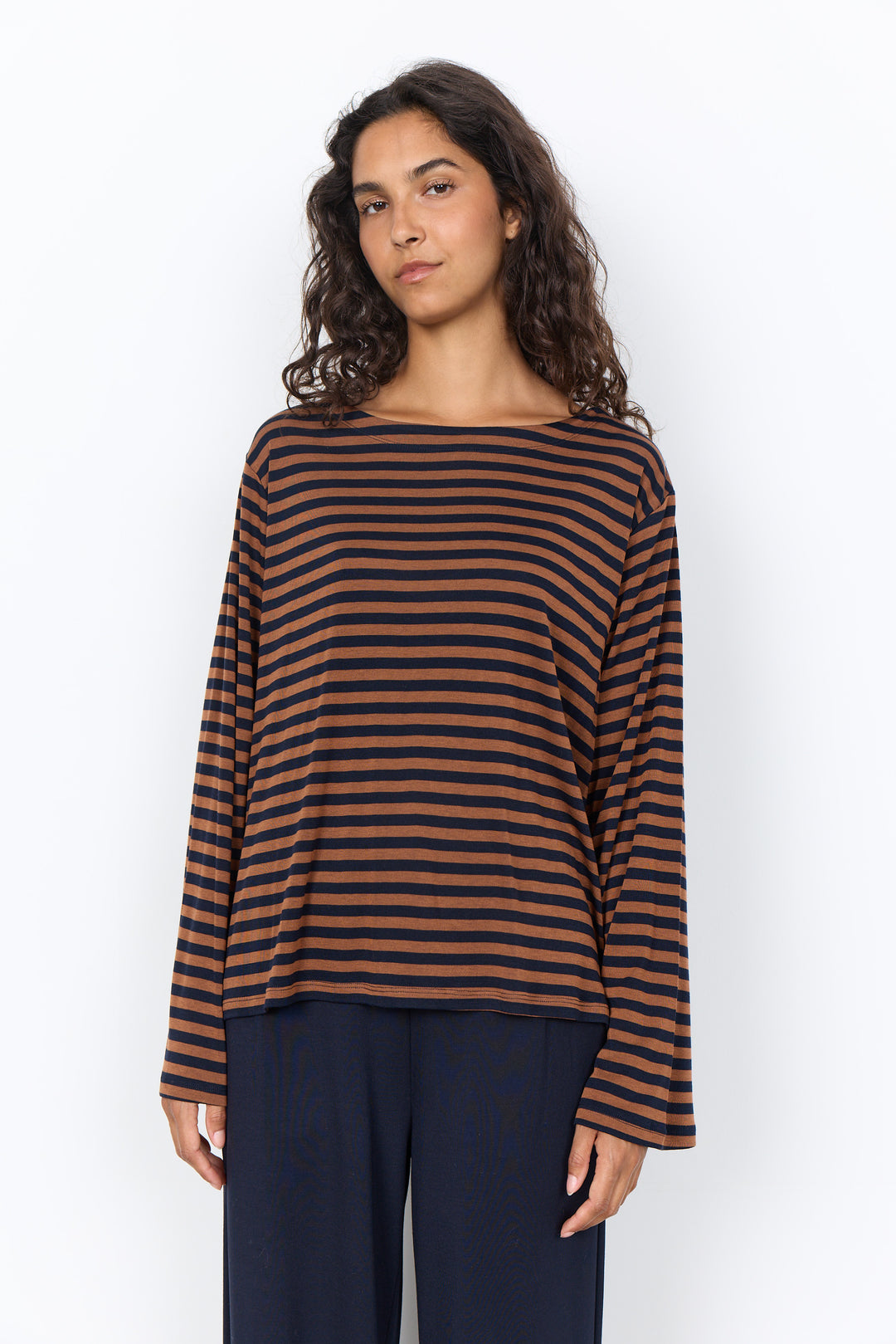Helle Long Sleeved Top Navy & Brown Stripes