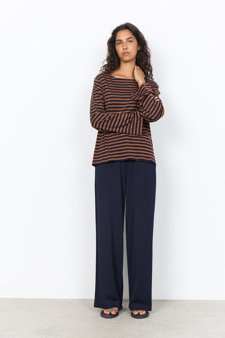 Helle Long Sleeved Top Navy & Brown Stripes