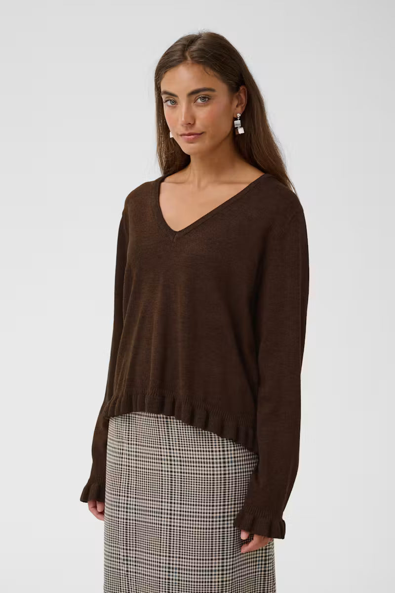 Clare Frill V-Neck Jumper Brown