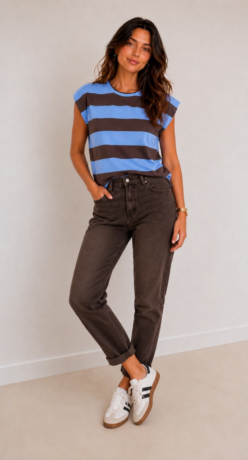 Ruby Top Blue and Brown Stripe