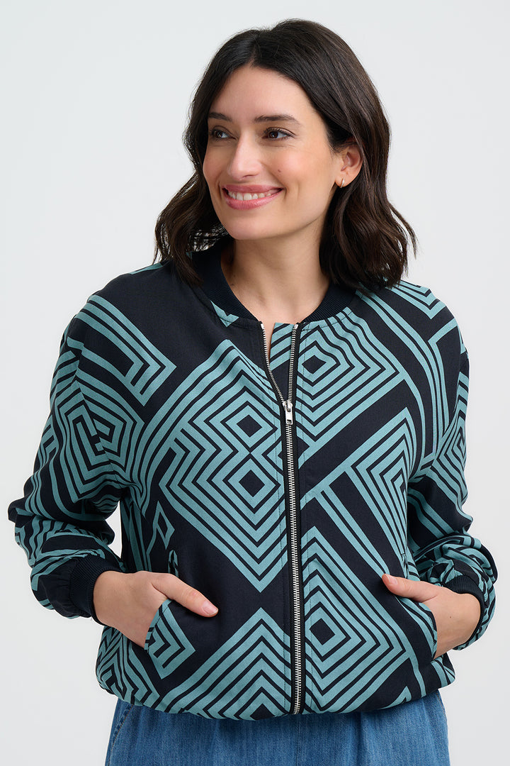 Bobbi Bomber Jacket Black & Green Geometric