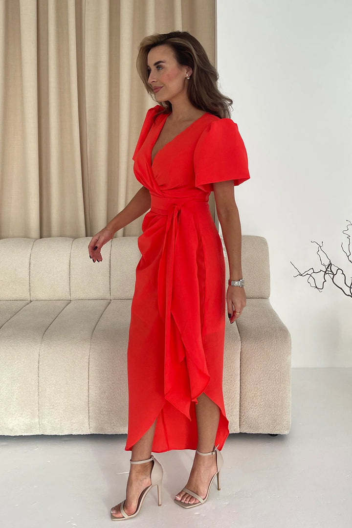 Drew Puff Sleeve Wrap Midi Dress