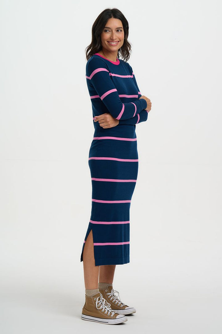 Liselle Knit Midi Dress Teal and Pink Stripe