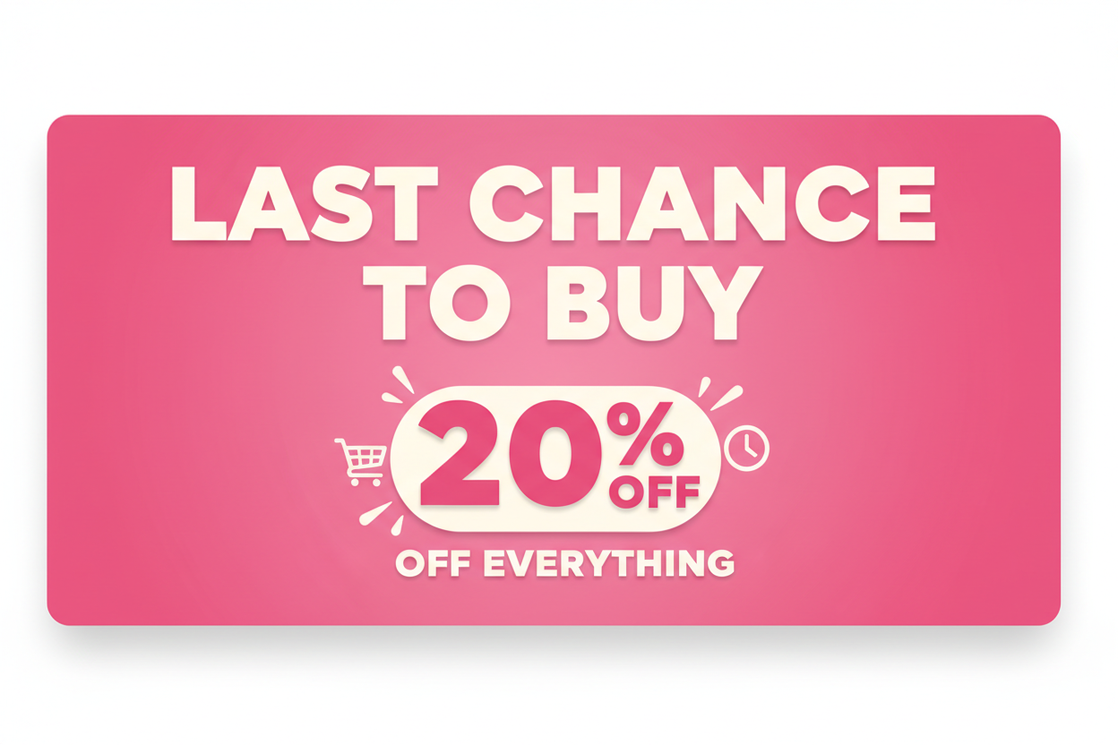 Last Chance to Buy 20% OFF Everything pink background